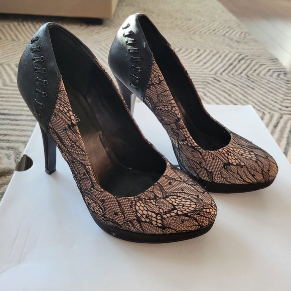 Call it Spring nude black lace heels - Picture 1 of 6
